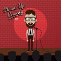 Adult male stand up comedian cartoon character on red brick stage with spotlight Royalty Free Stock Photo