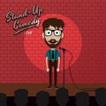 Adult male stand up comedian cartoon character on red brick stage with spotlight Royalty Free Stock Photo