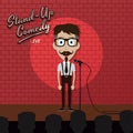 Adult male stand up comedian cartoon character on red brick stage with spotlight Royalty Free Stock Photo