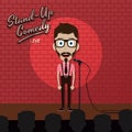 Adult male stand up comedian cartoon character on red brick stage with spotlight