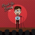 Adult male stand up comedian cartoon character on red brick stage with spotlight Royalty Free Stock Photo