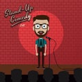 Adult male stand up comedian cartoon character on red brick stage with spotlight Royalty Free Stock Photo