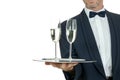 Adult male waiter serving two glass of champagne isolated Royalty Free Stock Photo