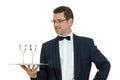 Adult male waiter serving two glass of champagne isolated Royalty Free Stock Photo