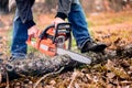 Adult man cutting trees with chainsaw and tools