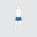 Slim muscular standing man in blue swimming trunks