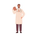 Adult man, doctor physician, practitioner, paramedic holding medical history notepad, stethoscope. Health care hospital