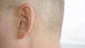 Adult man with gray temple moving ear closeup. Male ear macro shooting side view