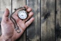 Adult man holding an antique pocket watch in his hand Royalty Free Stock Photo