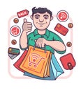 Adult man holding bags, ordering goods online, use credit card