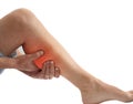 Adult man holding leg muscle pain and numbness from muscle cramps from training or exercise .