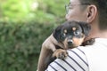 Adult man holding little puppy dog on his shoulder Royalty Free Stock Photo