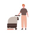 Adult man janitor standing with sweeper. Cleaning service professional worker with floor washing equipment. Flat vector