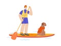 A man paddle boarding with a dog flat style vector illustration