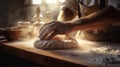 hands food baker cook kitchen knead pastry chef flour dough. Generative AI.