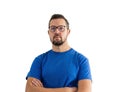 Adult man portrait in glasses and blue t shirt. Young male caucasian person isolated on white background Royalty Free Stock Photo