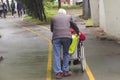 An adult man pushing a wheelchair on a bicycle. Royalty Free Stock Photo