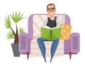 Adult man reading the text on sofa at home. A man in business clothes spends time with a book Royalty Free Stock Photo