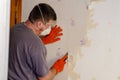 An adult man removes old wallpaper from the wall. The male is we