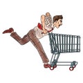 Adult man running with shopping cart pop art scribble