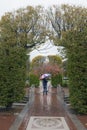 An adult man walks alone in rain with an umbrella