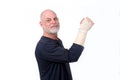 adult man wearing hand guard and wrist tendinitis injured arm looking forward business