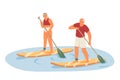 Adult man and woman standing on sup board and float on river Royalty Free Stock Photo