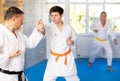 Adult and young men training karate fight