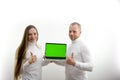 adult man and young woman holding laptop ad show thumb up like what is on screen white background long hair business
