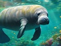 an adult manatee swimming in the blue clear water Royalty Free Stock Photo