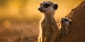 Adult meerkat with baby looking in distance