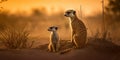 Adult meerkat with baby sitting on sand looking in distance