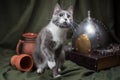 Adult mongrel yellow-eyed cat on a dark green background