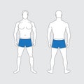 Adult muscular slender man in blue swimming trunks