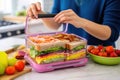 adult opening colorful lunchbox to display sandwich