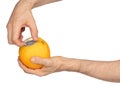 Adult opening an orange soft drink in a orange `package`, isolated