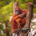 Adult orangutan sitting with jungle as a background