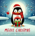 Adult penguin and baby penguin under the moonlight in Christmas snow scene