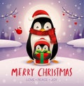 Adult penguin and baby penguin under the moonlight in Christmas snow scene