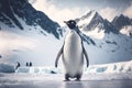 Adult penguin. Standing on snow. With beautiful snowy landscape behind. Generative AI