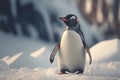 Adult penguin. Standing on snow. With beautiful snowy landscape behind. Generative AI