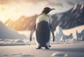 Adult penguin. Standing on snow. With beautiful snowy landscape behind. Generative AI