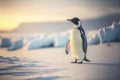 Adult penguin. Standing on snow. With beautiful snowy landscape behind. Generative AI