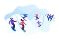 Adult People Dressed in Winter Clothing Skiing and Snowboarding. Male Female Riders Characters Having Fun and Winter