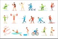 Adult People Practicing Different Olympic Sports Set Of Cartoon Characters In Sportive Uniform Participating In