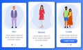 Adult population onboarding mobile app screen template. Gender ratio. Indian, irish, japanese multinational men, women, couples.