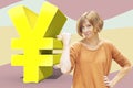 An adult redhead woman in casual clothes with a serious expression points her finger behind her back at the Yen sign. Royalty Free Stock Photo