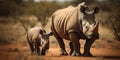 Adult rhino with baby looking at distance in the steppe