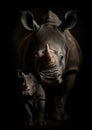 Adult rhinoceros portrait with small calf against dark background