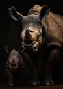 Adult rhinoceros portrait with small calf against dark background